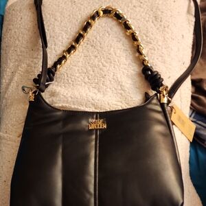 Black Leather Hobo Shoulder Bag with Gold Chain Strap